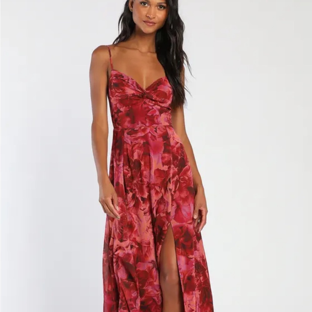 Lulu's beautiful soul burgundy floral print twist-front maxi dress in Medium